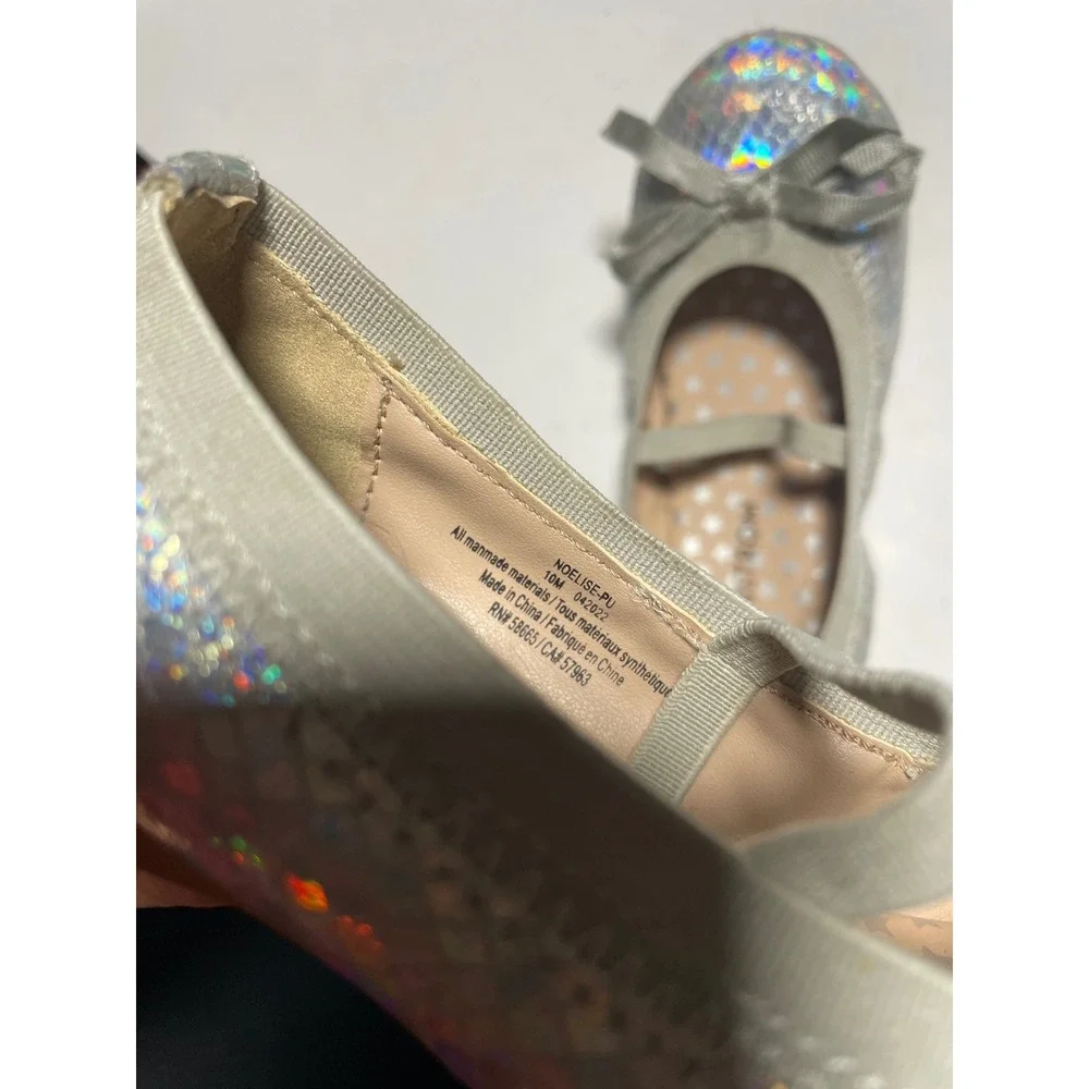 Nordstrom Ballet Flats Kids 10M Silver Holographic Bow Mary‎ Jane Sparkle Dress